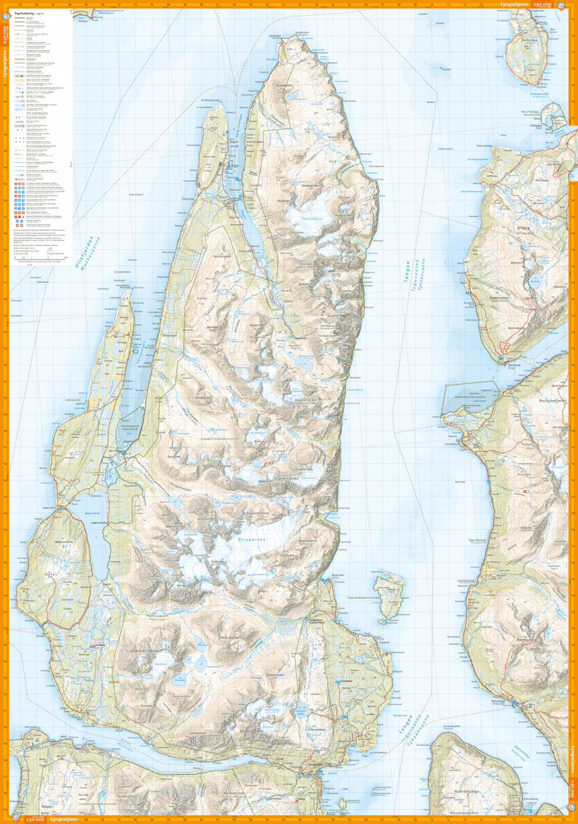 Carte de randonnée des Alpes de Lyngen en Norvège  - Echelle 1:50 000