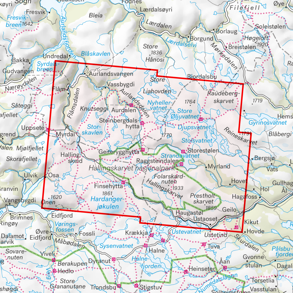 Carte de randonnée Finse, Hallingskarvet & Aurlandsdalen en Norvège  - Echelle 1:50 000