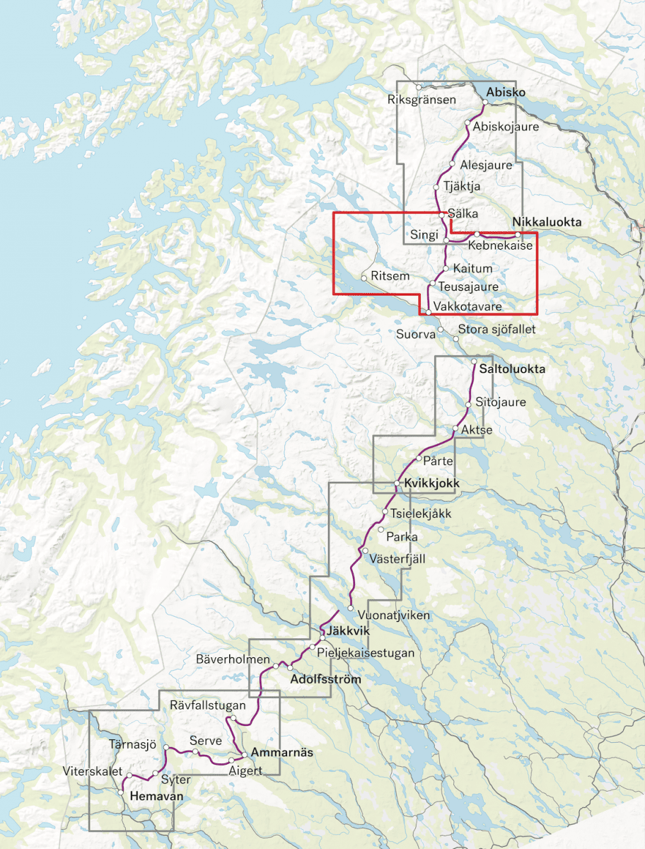 Carte randonnée Kungsleden : Nikkaluokta, Ritsem et Vakkotavare 1:50 000 - Calazo