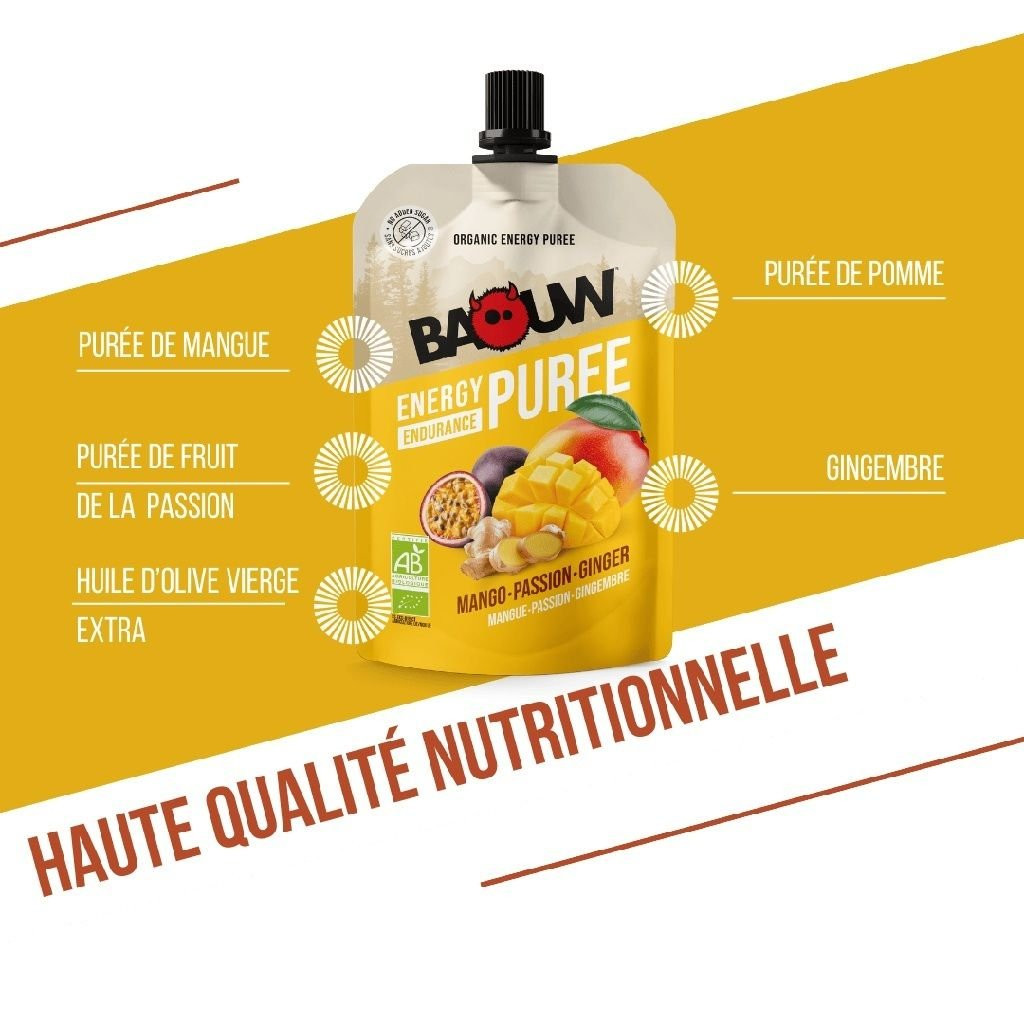 Compote énergétique pour le trail et la randonnée Baouw Purée Bio Mangue Passion Gingembre