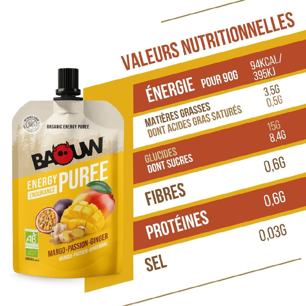 Compote énergétique pour le trail et la randonnée Baouw Purée Bio Mangue Passion Gingembre