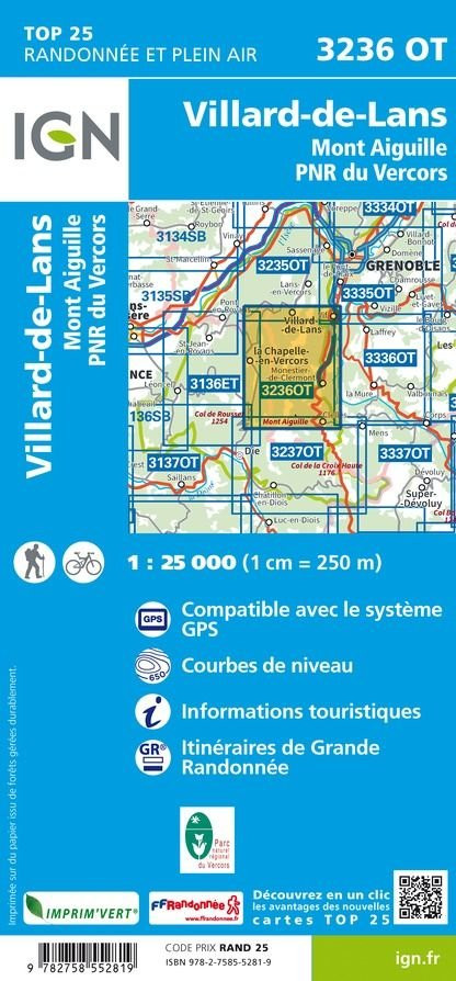 IGN Top25 3236 OT Villard de Lans, Mont Aiguille, PNR du Vercors