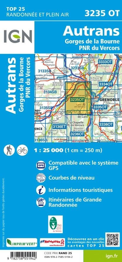 IGN Top 25 3235 OT Autrans Gorges de la Bourne PNR du Vercors