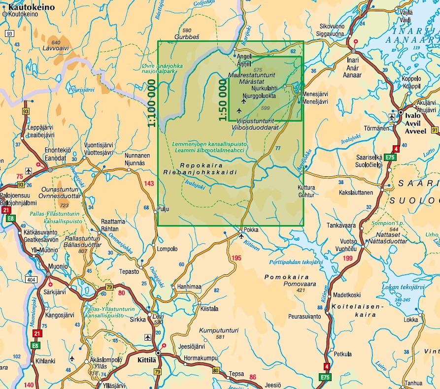 Lemmenjoki 1:100 000/1:50 000, Waterproof Outdoor Map