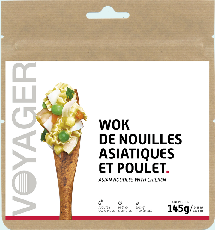 Wok de nouilles asiatiques et poulet - Voyager