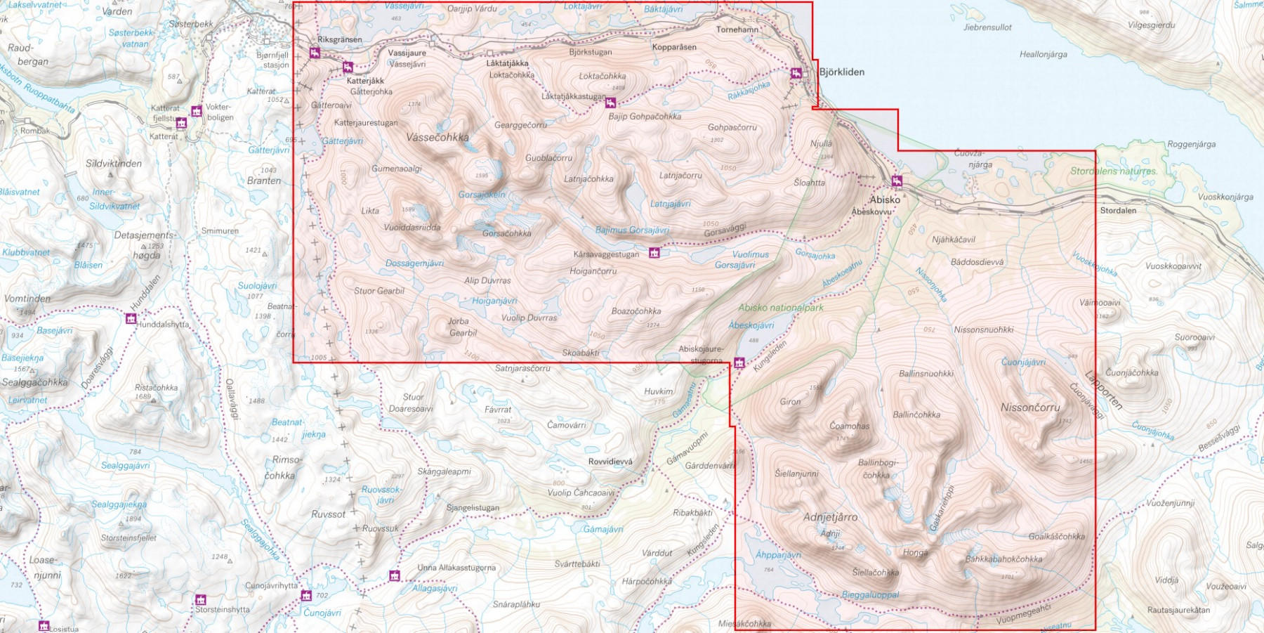 Högalpin karta Abisko, Björkliden – Riksgränsen 1:25.000