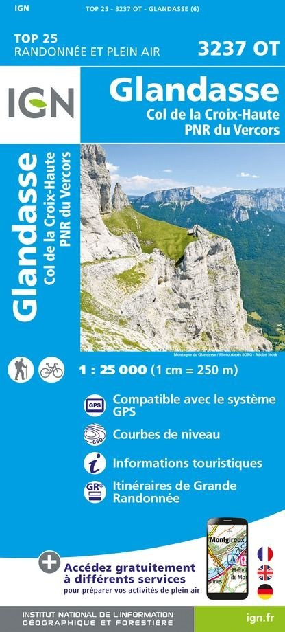 IGN Top 25 3237 OT Glandasse, Col de la Croix-Haute, PNR du Vercors