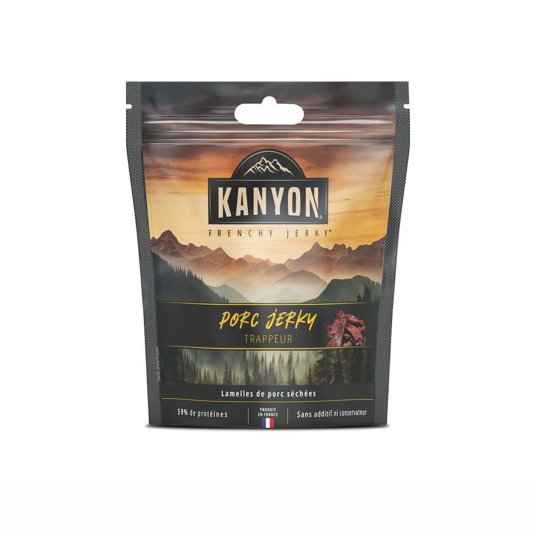 Snacks de viandes séchées hyper protéinés Kanyon Jerky Porc Trappeur 25g