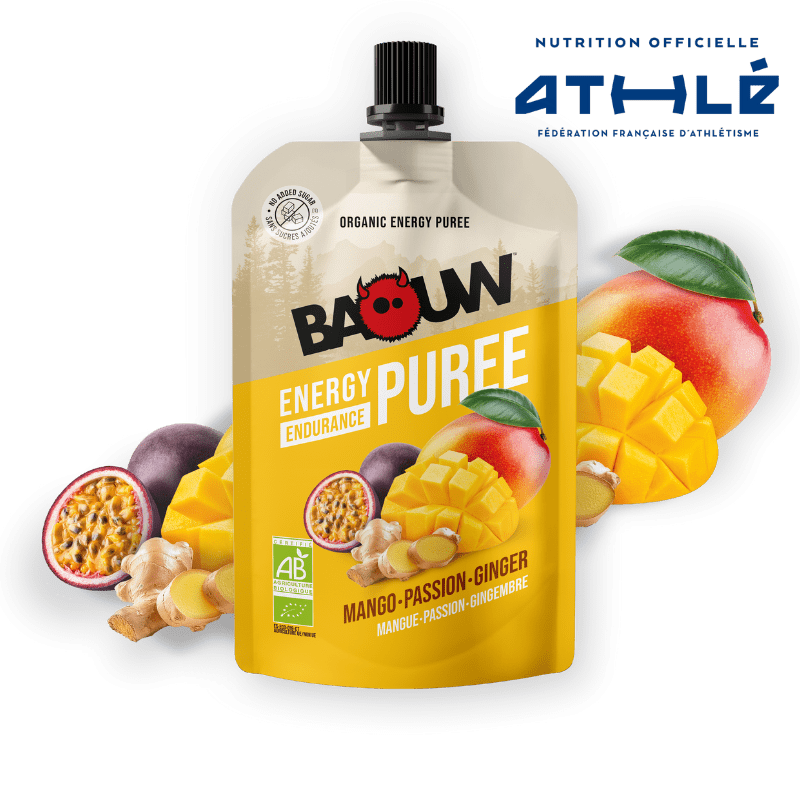 Compote énergétique pour le trail et la randonnée Baouw Purée Bio Mangue Passion Gingembre