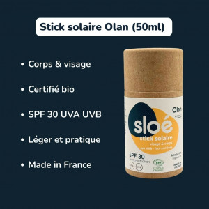 Protection solaire respectueuse environnement Sloé Olan Stick Solaire Bio