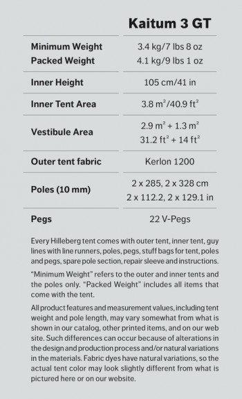 Dimensions Hilleberg Kaitum 3 GT